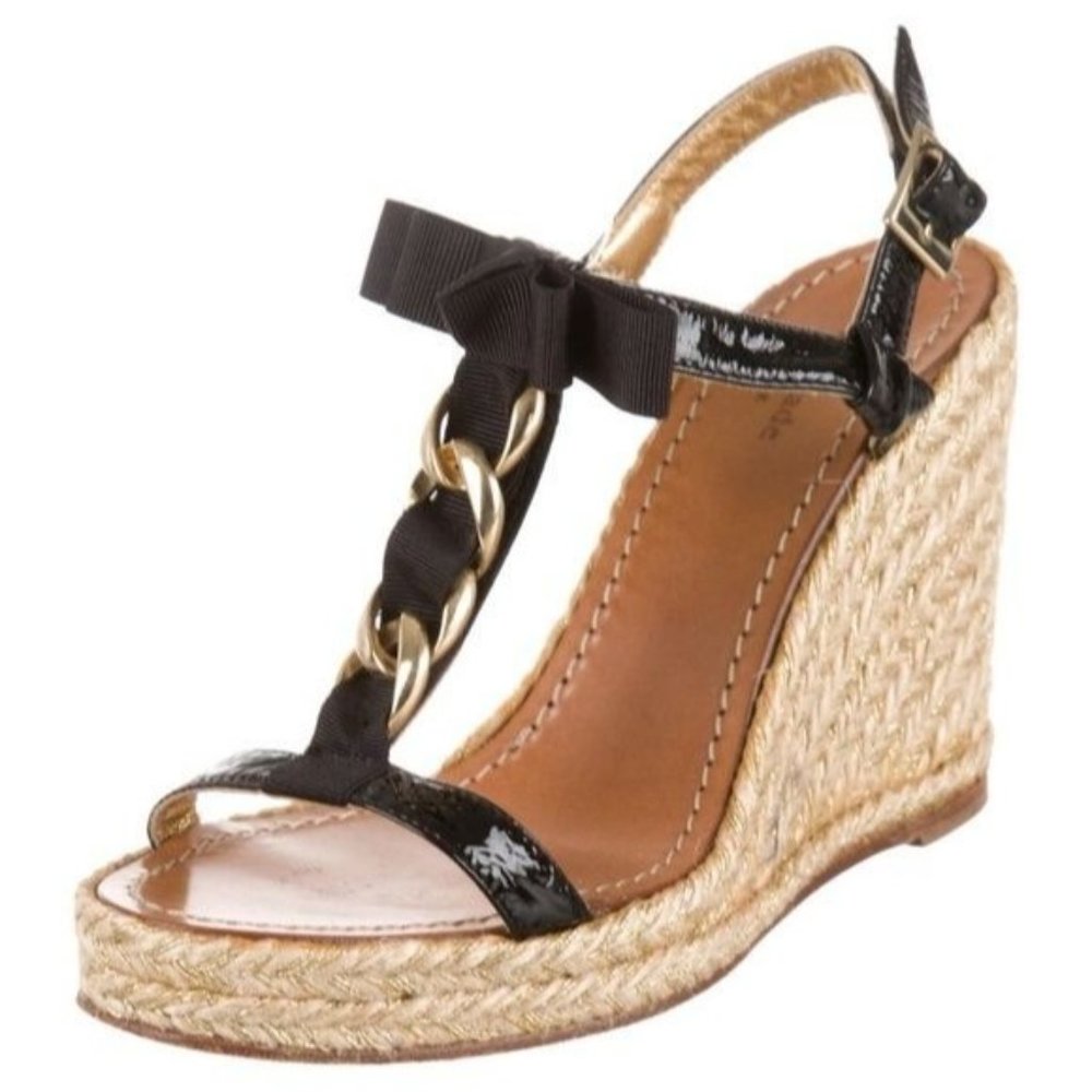 KATE SPADE Wedge Black Leather Espadrilles Sandals 8 Gold Chain Open Toe - Picture 2 of 14